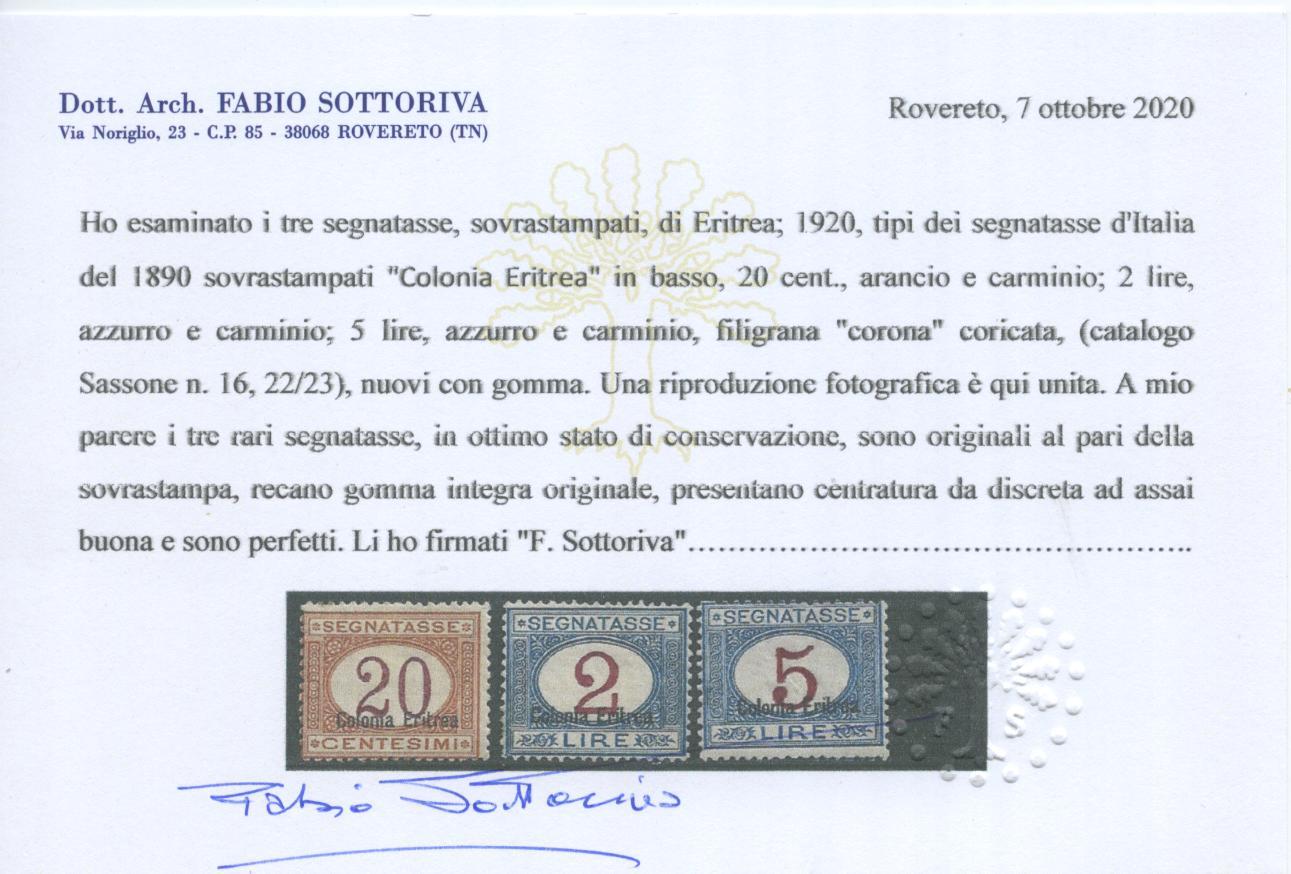 Scansione lotto: COLONIE ERITREA 1920/6 TASSE 11V. ** CENTRATO CERT.