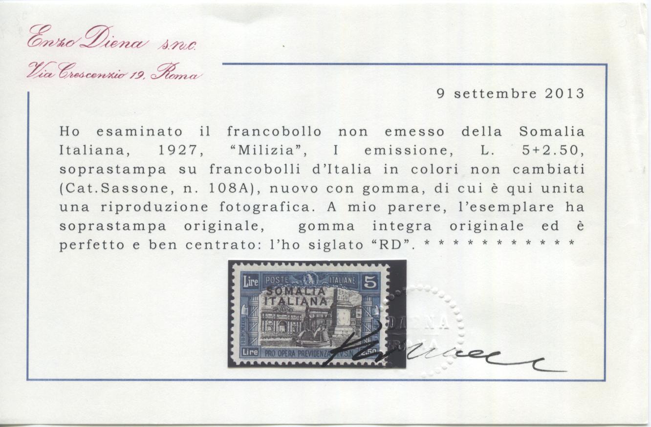 Scansione lotto: COLONIE SOMALIA 1927 MILIZIA I N.108A ** LUSSO CERT.