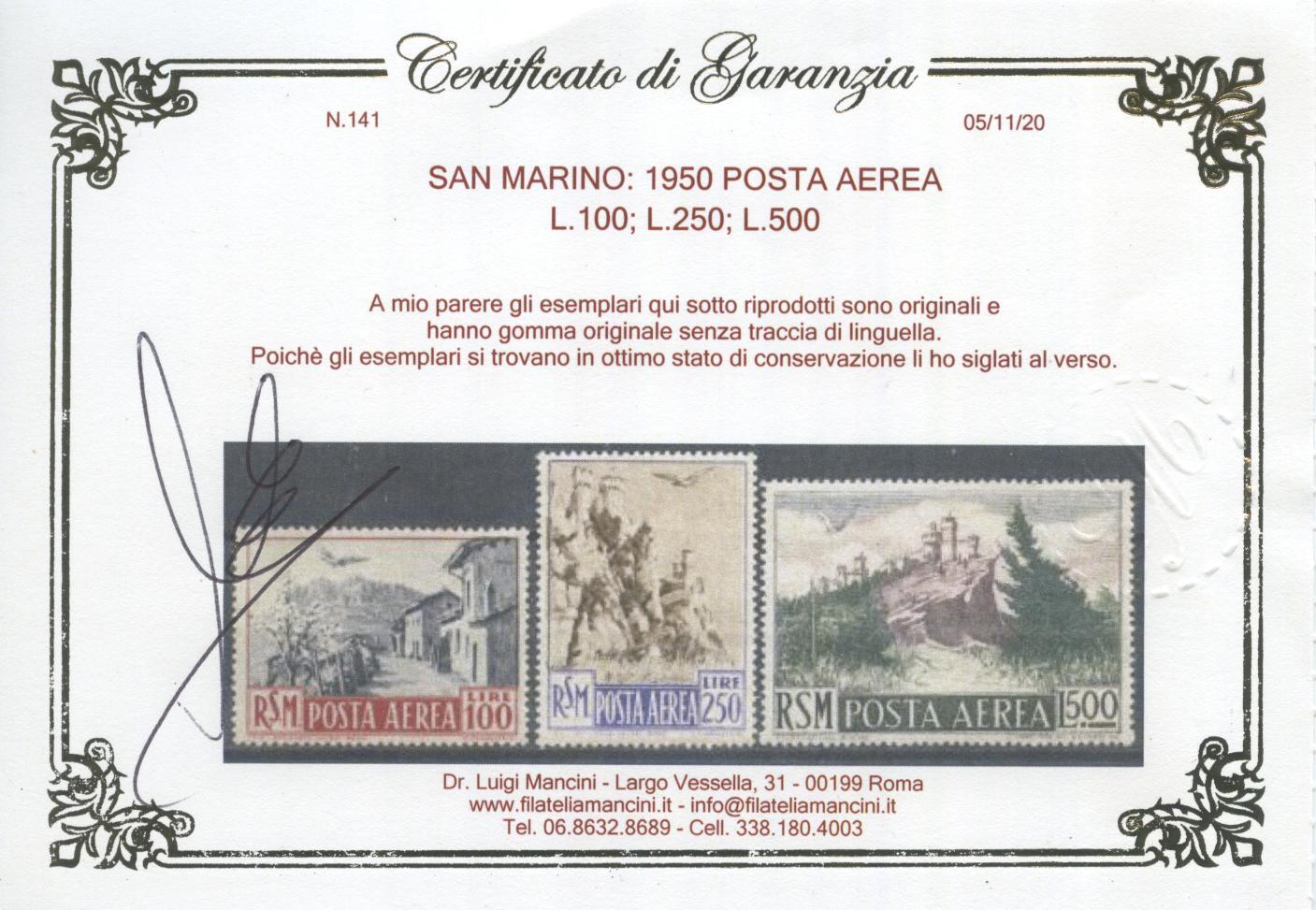 Scansione lotto: SAN MARINO 1950 POSTA AEREA 9V. ** CENTRATO CERT.