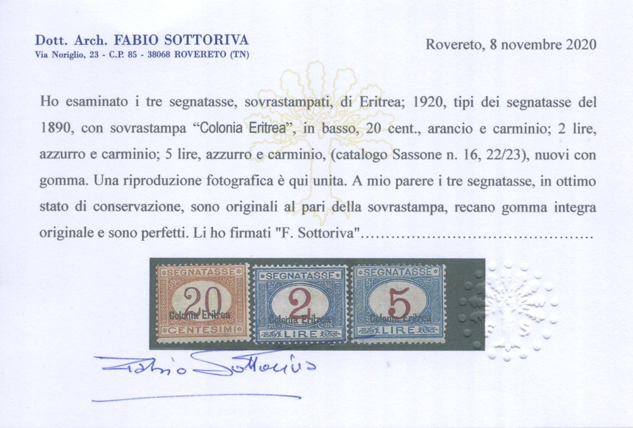 Scansione lotto: COLONIE ERITREA 1920/6 TASSE 11V. 2 ** CENTRATO CERT.