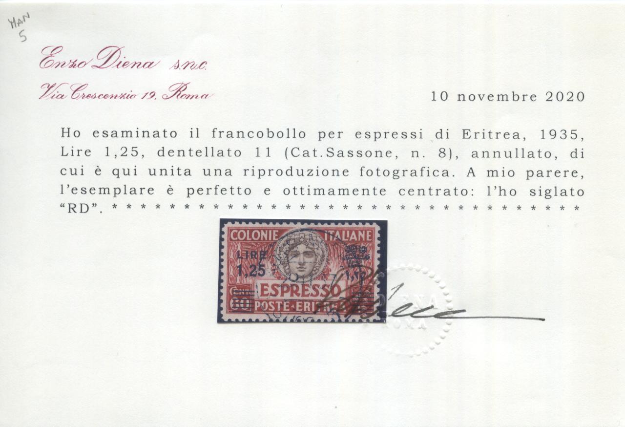 Scansione lotto: COLONIE ERITREA 1935 ESPRESSO N.8 2 US. LUSSO CERT.