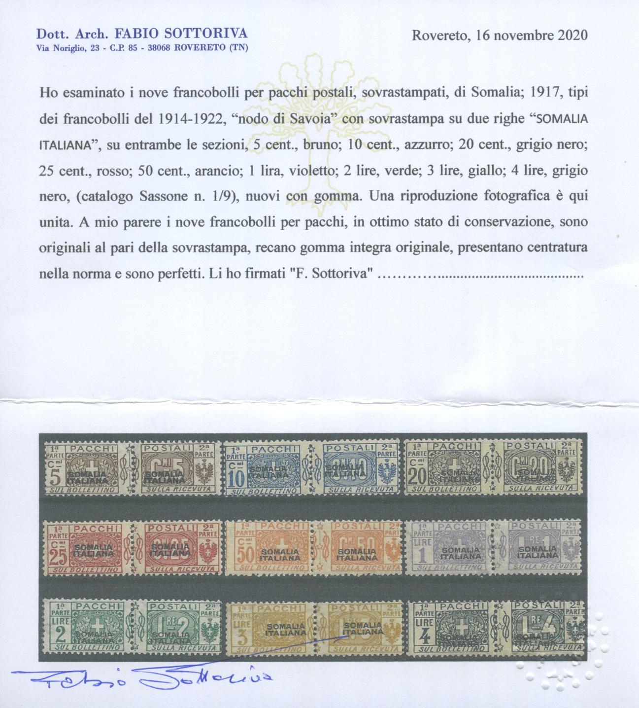 Scansione lotto: COLONIE SOMALIA 1917/9 PACCHI 9V. **  CERT.