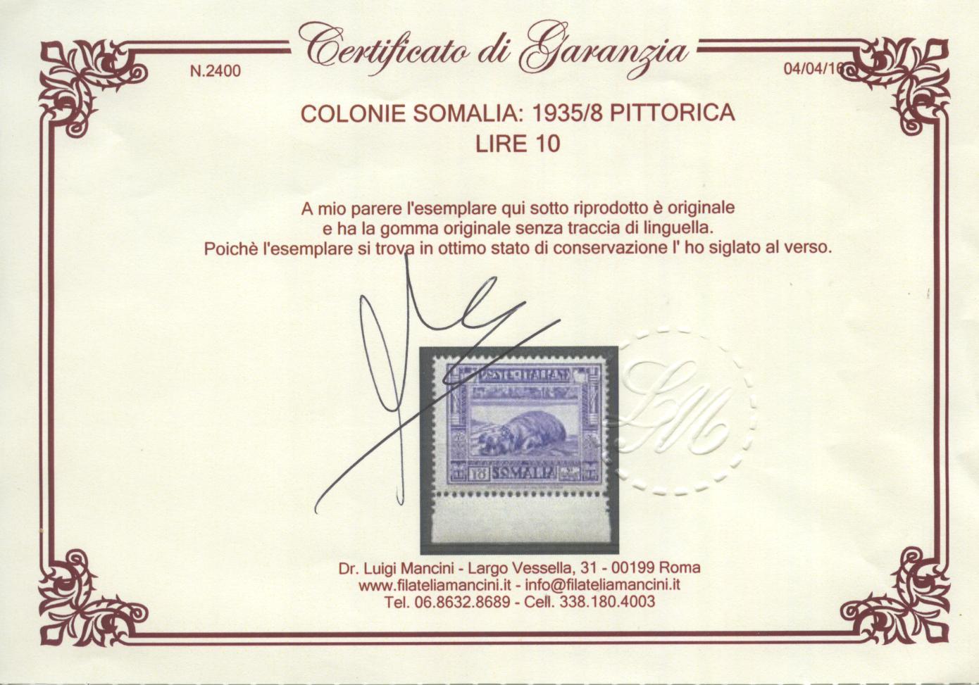 Scansione lotto: COLONIE SOMALIA 1935/8 PITTORICA L.10 2 **  CERT.