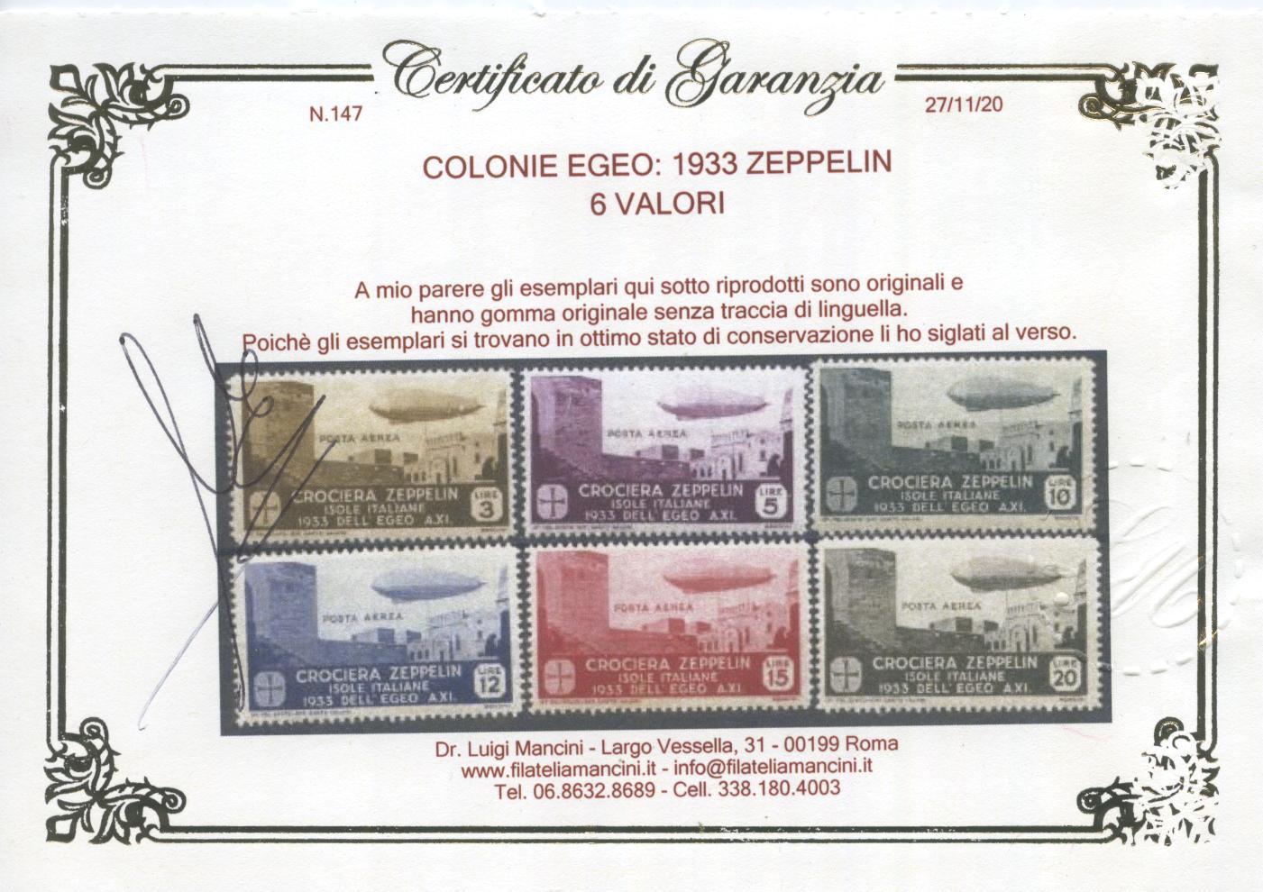 Scansione lotto: COLONIE EGEO 1933 ZEPPELIN 6V. 2 **  CERT.