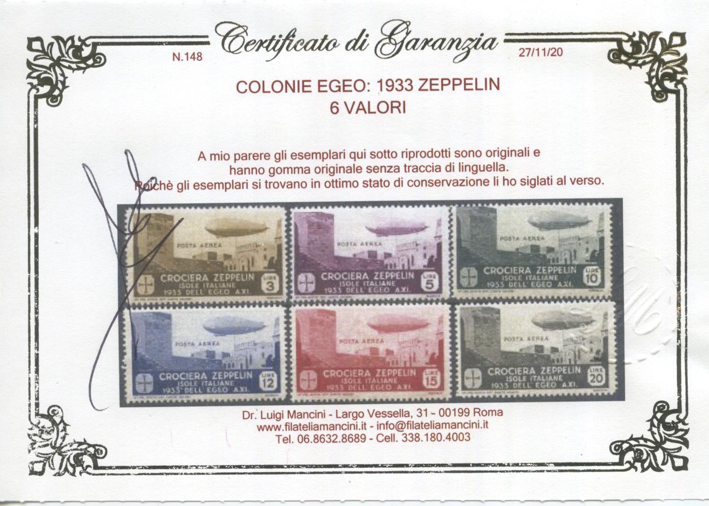 Scansione lotto: COLONIE EGEO 1933 ZEPPELIN 6V. 2 ** CENTRATO CERT.