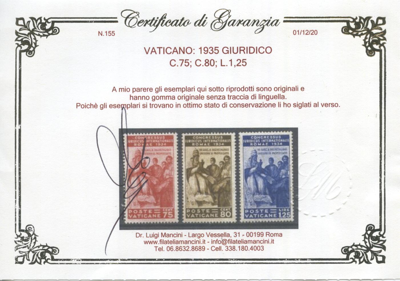 Scansione lotto: VATICANO 1935 GIURIDICO 6V. 3 ** CENTRATO CERT.