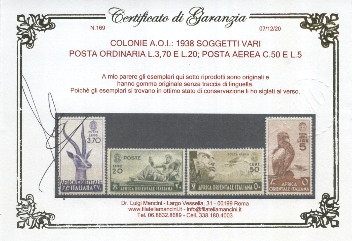 Scansione lotto: COLONIE A.O.I. 1938 SOGGETTI VARI 35V. 2 **  CERT.