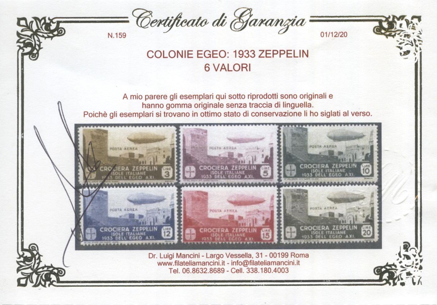 Scansione lotto: COLONIE EGEO 1933 ZEPPELIN 6V. 3 **  CERT.