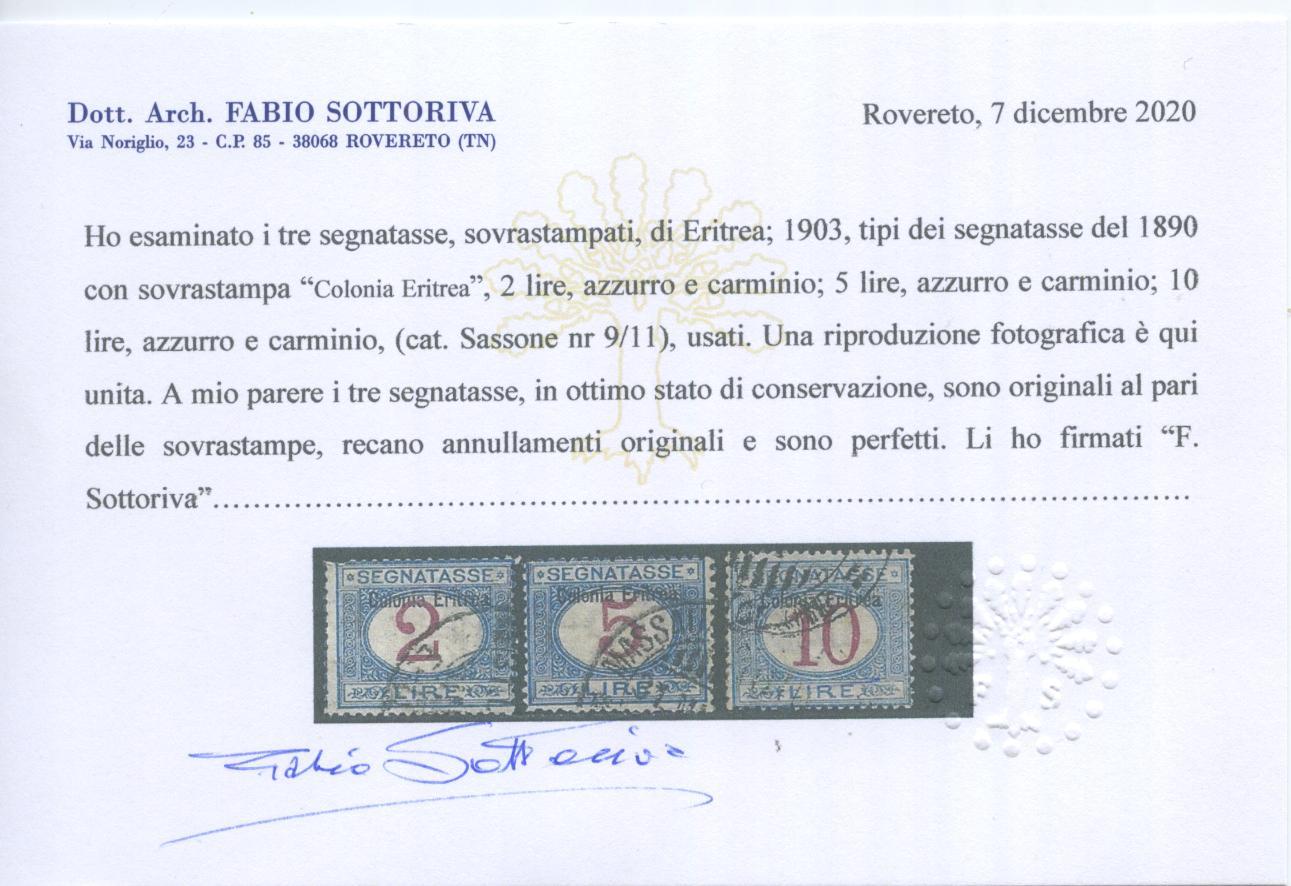 Scansione lotto: COLONIE ERITREA 1903 TASSE 11V. US.  CERT.