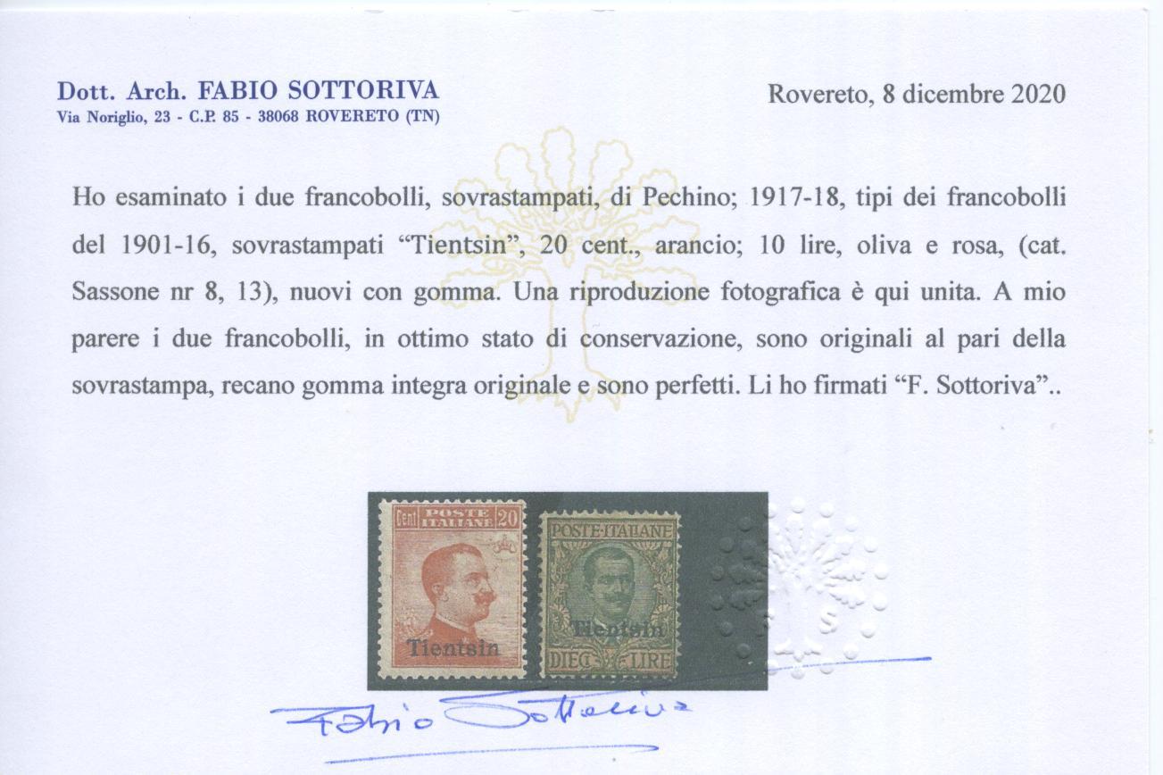 Scansione lotto: OCCUPAZIONI TIENSIN 1917 SOVR. 10V. 2 **  CERT.