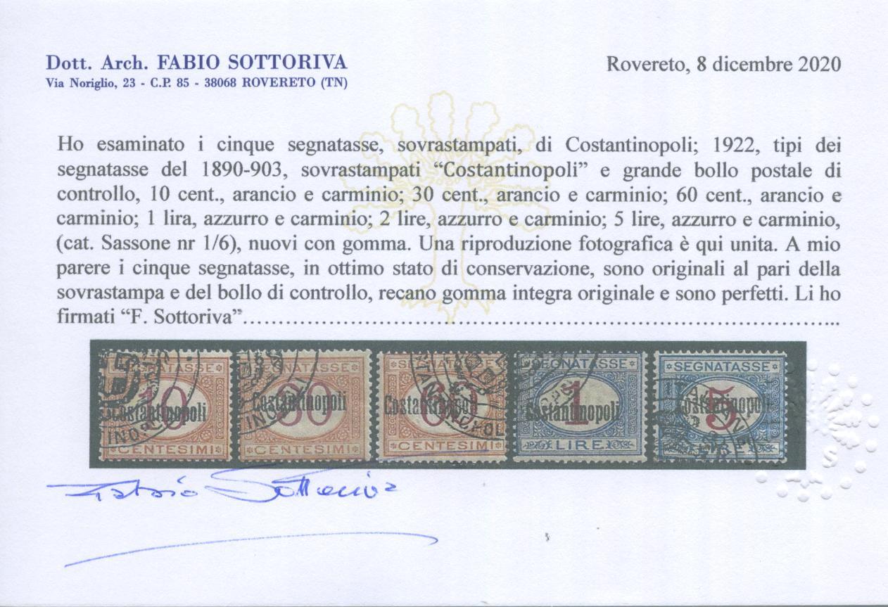 Scansione lotto: OCCUPAZIONI COSTANTINOPOLI 1922 TASSE 5V. **  CERT.