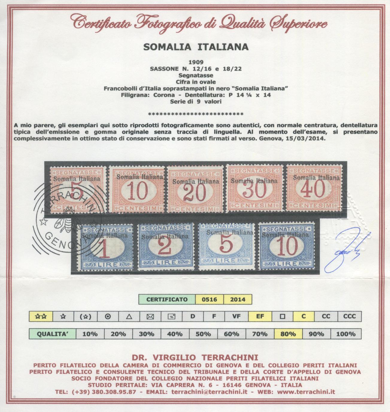 Scansione lotto: COLONIE SOMALIA 1909 TASSE 11V. 2 **  CERT.