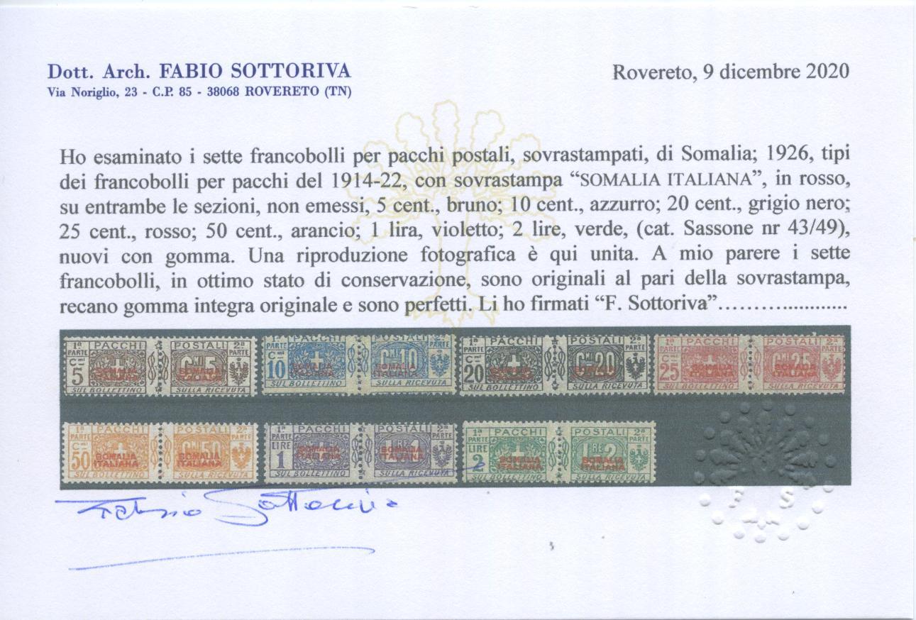 Scansione lotto: COLONIE SOMALIA 1926/31 PACCHI 7V. 3 **  CERT.