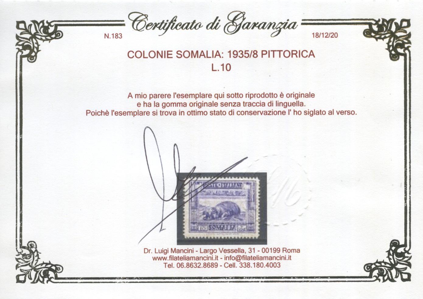 Scansione lotto: COLONIE SOMALIA 1935/8 PITTORICA L.10 3 **  CERT.