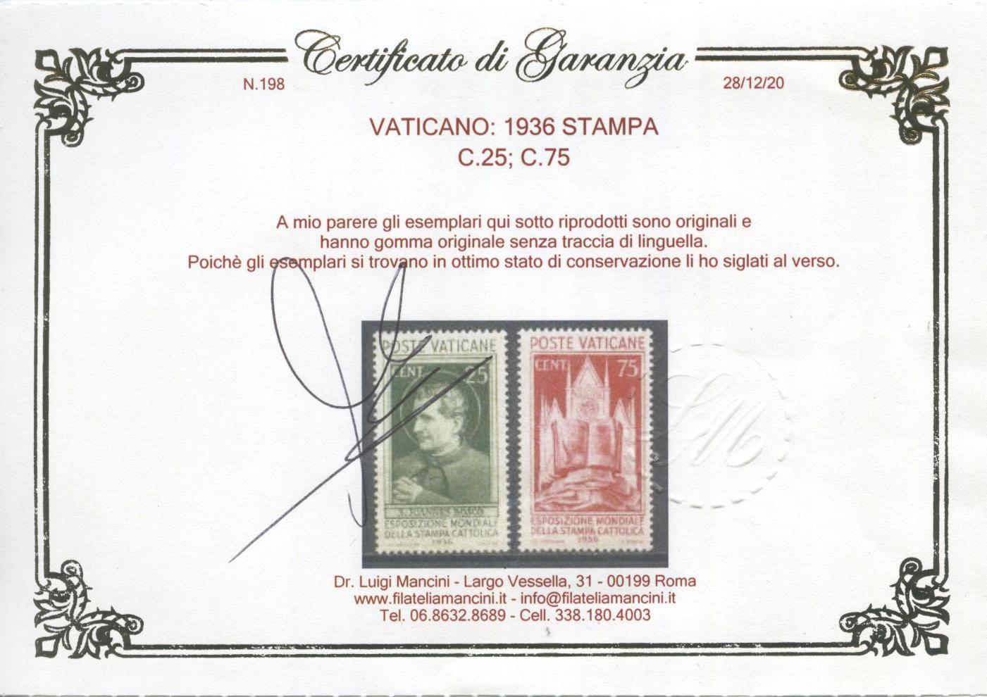 Scansione lotto: VATICANO 1936 STAMPA 8V. 2 ** CENTRATO CERT.