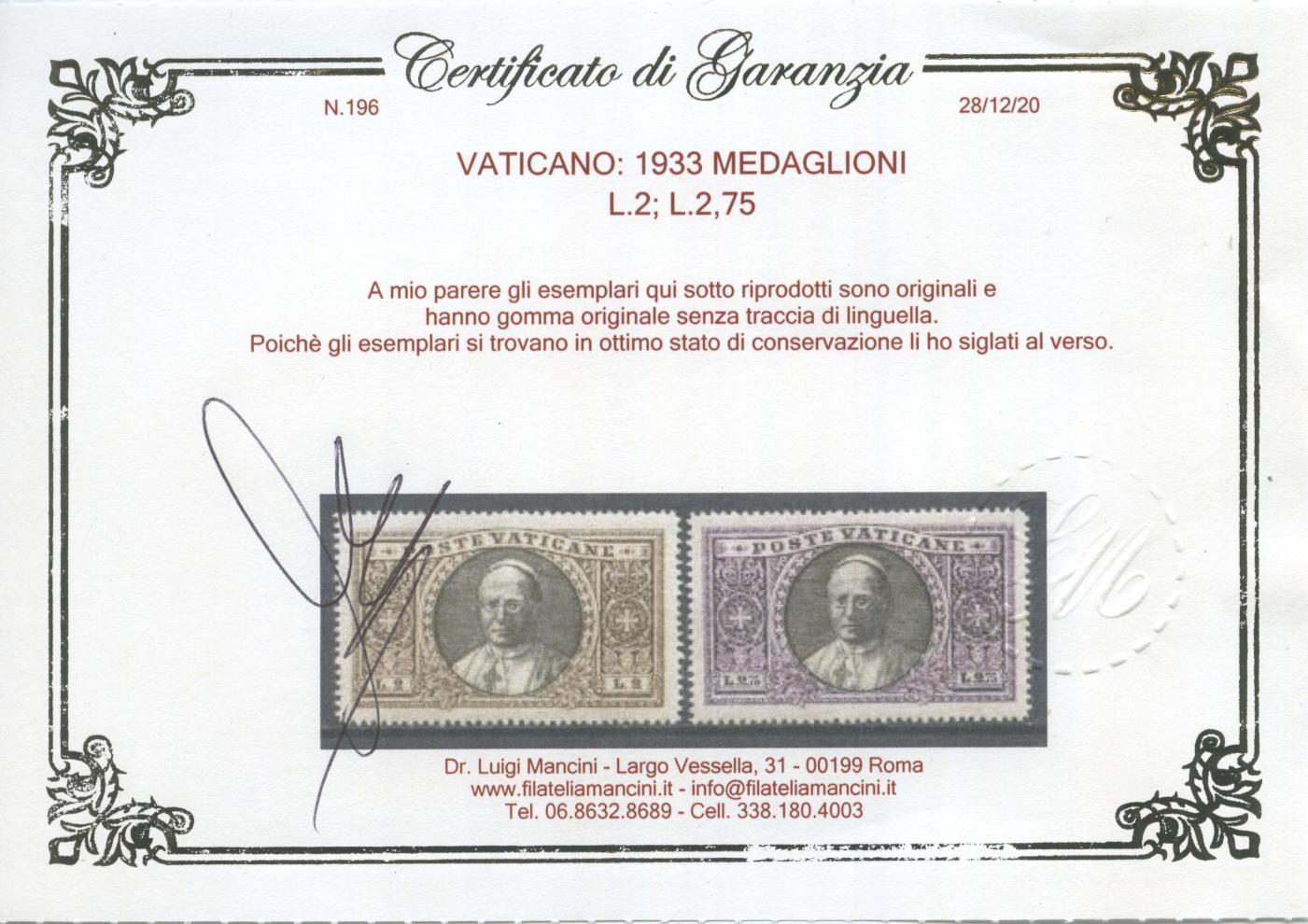 Scansione lotto: VATICANO 1933 MEDAGLIONI 18V. 3 ** LUSSO CERT.