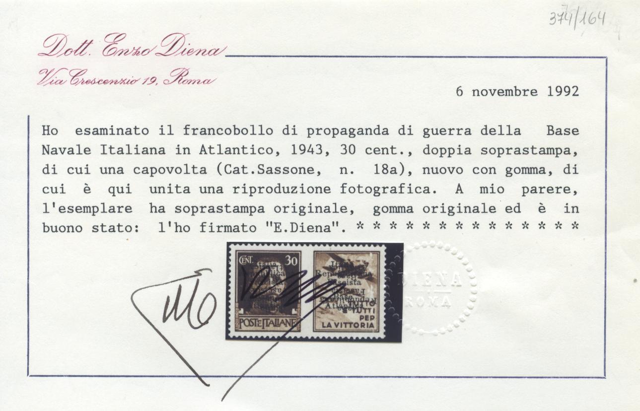 Scansione lotto: ITALIA EMISSIONI LOC 1944 BASE ATLANTICA N.18a *  CERT.