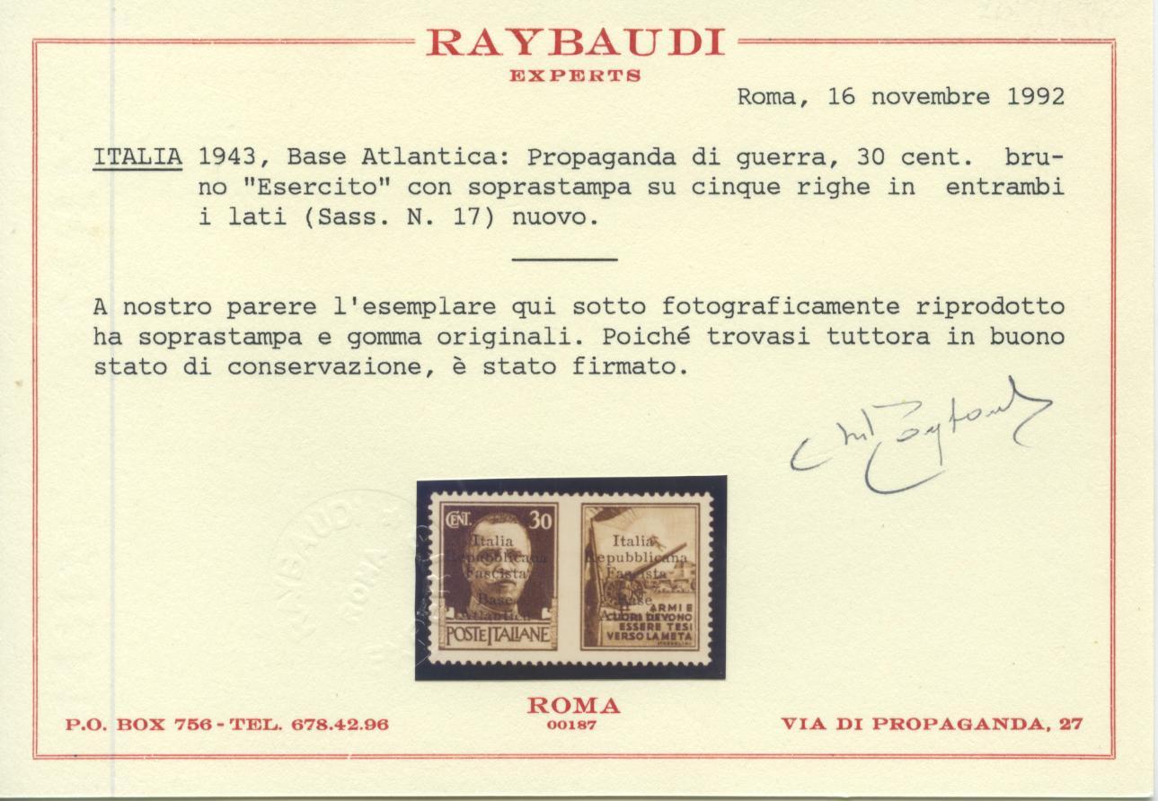 Scansione lotto: ITALIA EMISSIONI LOC 1943 BASE ATLANTICA N.17 *  CERT.