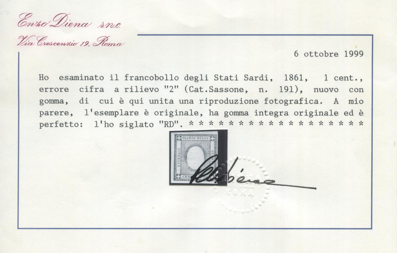 Scansione lotto: SARDEGNA 1861 1C. CON CIFRA 2C. **  CERT.