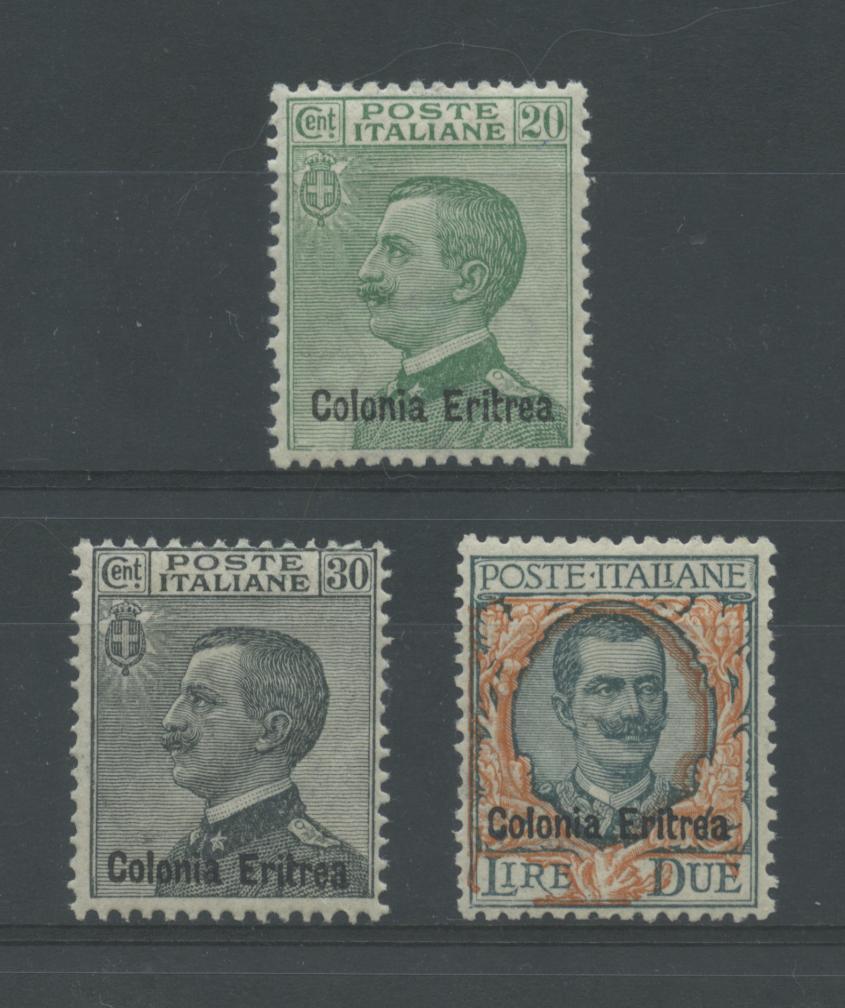 Scansione lotto: COLONIE ERITREA 1925 SOVR. 3V. 2 * CENTRATO