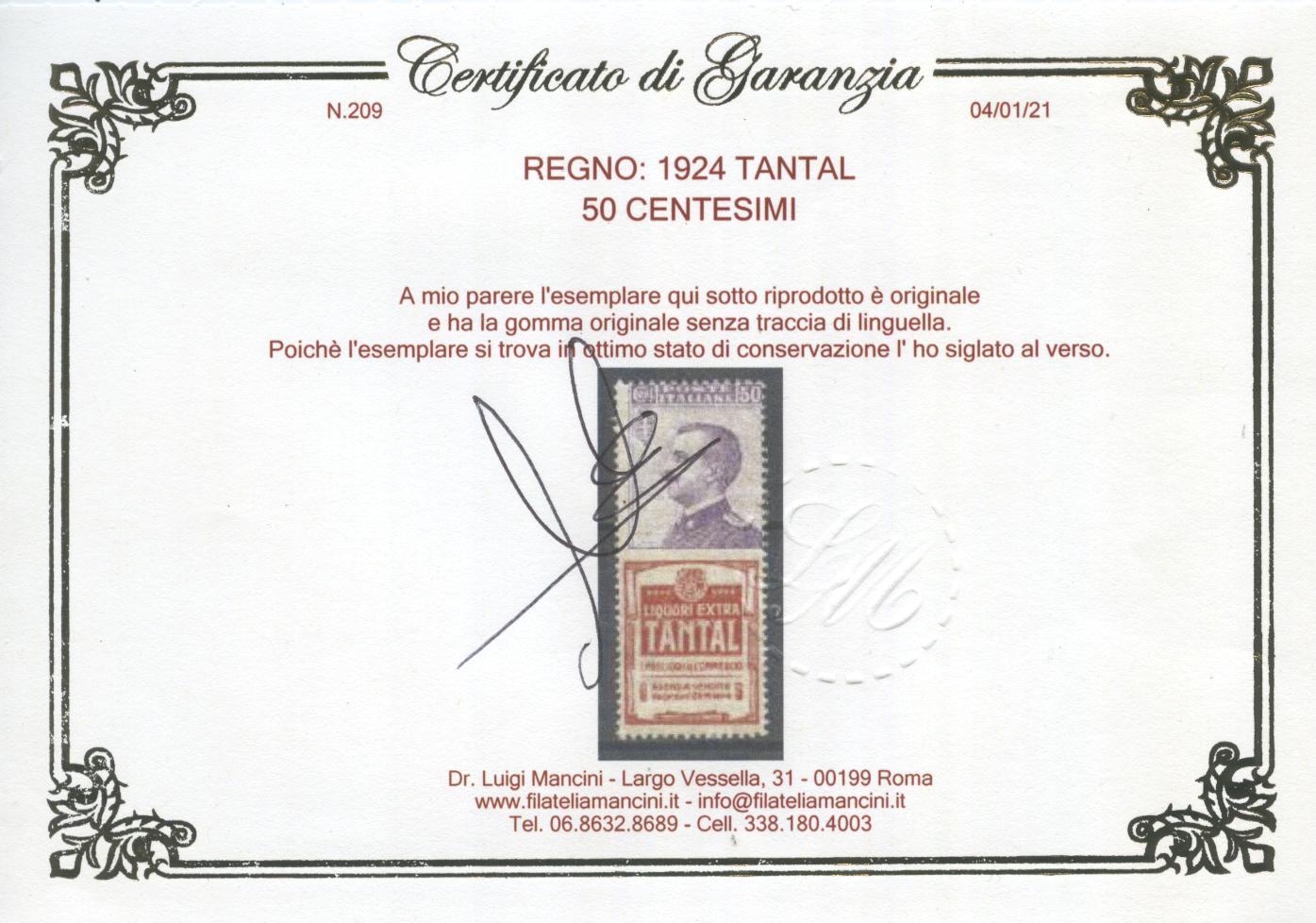 Scansione lotto: REGNO 1924 50C. TANTAL 4 **  CERT.
