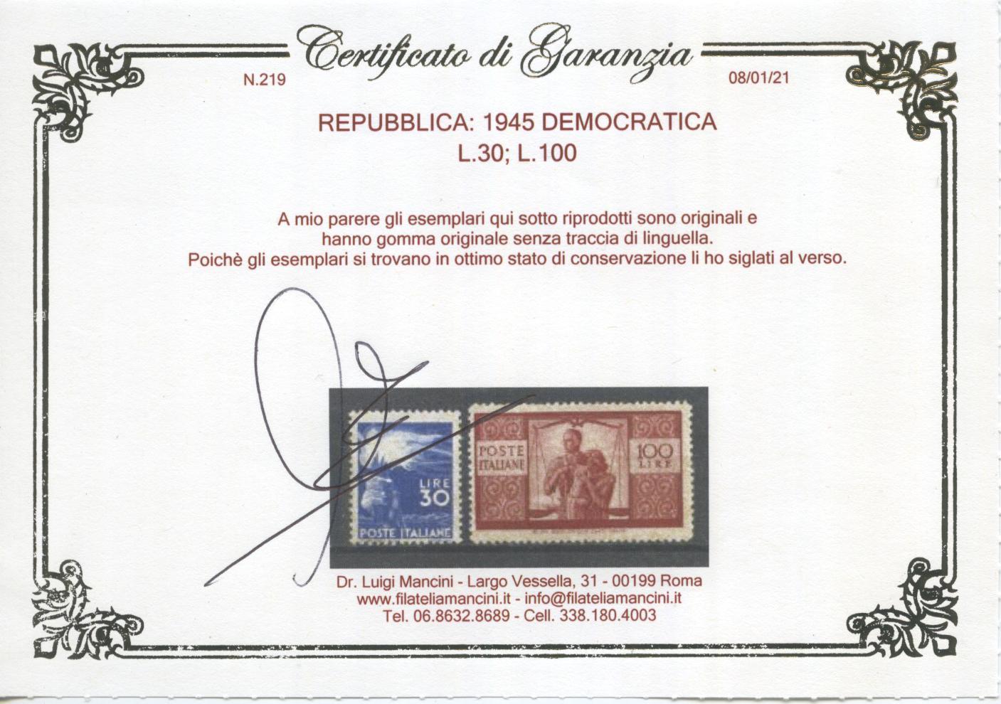Scansione lotto: REPUBBLICA 1945 DEMOCRATICA 23V. 5 ** CENTRATO CERT.