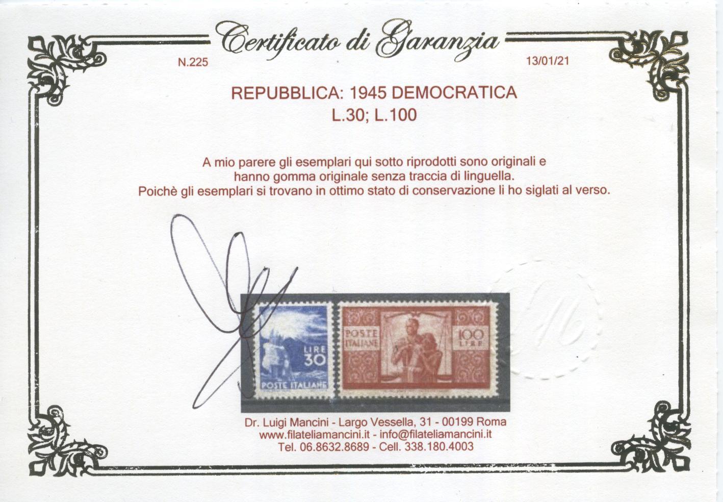 Scansione lotto: REPUBBLICA 1945 DEMOCRATICA 23V. 6 ** CENTRATO CERT.