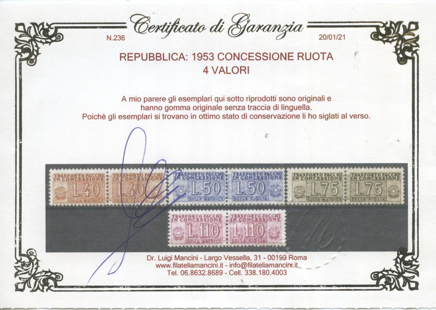 Scansione lotto: REPUBBLICA 1953 CONCESSIONE RUOTA 4V. 2 **  CERT.