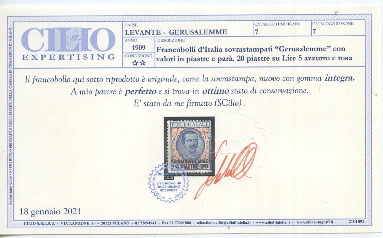 Scansione lotto: OCCUPAZIONI GERUSALEMME 1909/11 SOVR. 8V. 5 **  CERT.