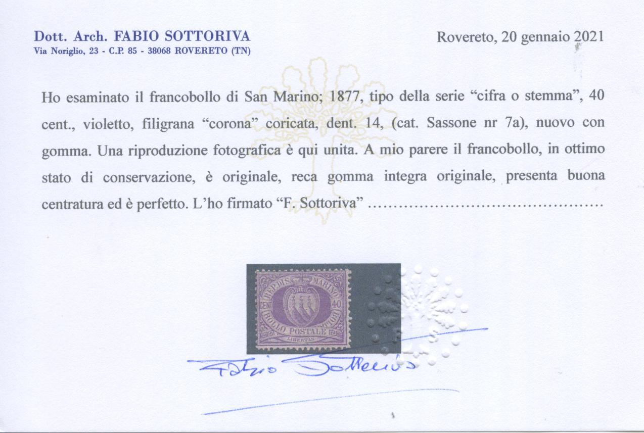 Scansione lotto: SAN MARINO 1877 40C. LILLA 2 **  CERT.
