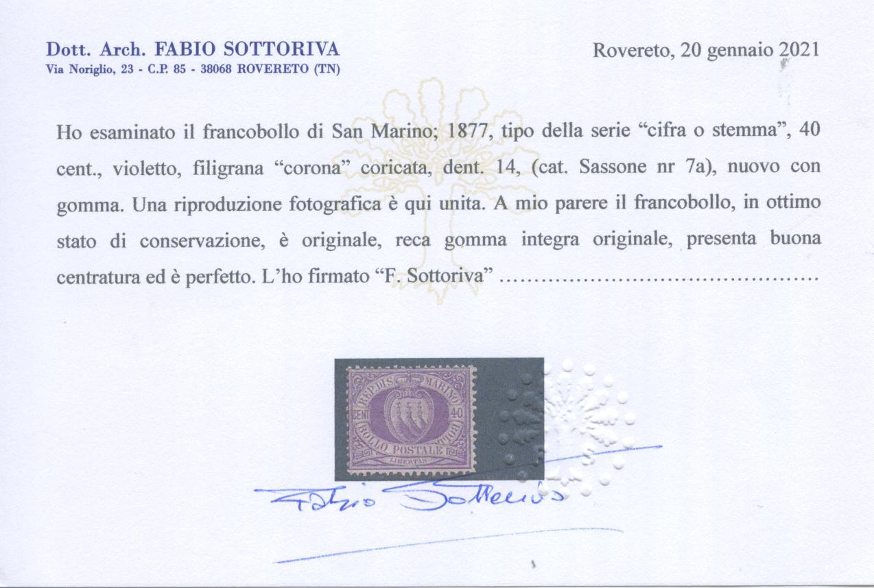 Scansione lotto: SAN MARINO 1877 40C. LILLA 2 **  CERT.