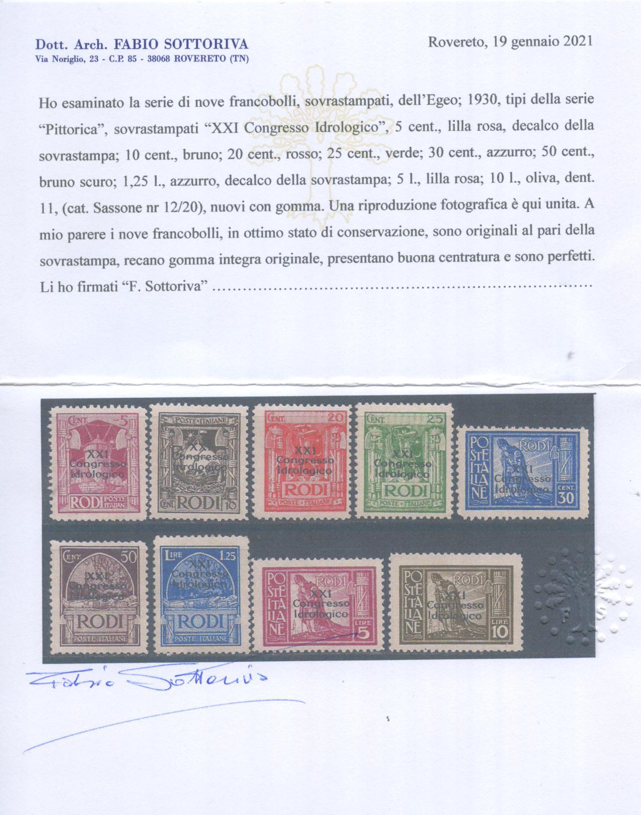 Scansione lotto: COLONIE EGEO 1930 IDROLOGICO 9V. 3 **  CERT.