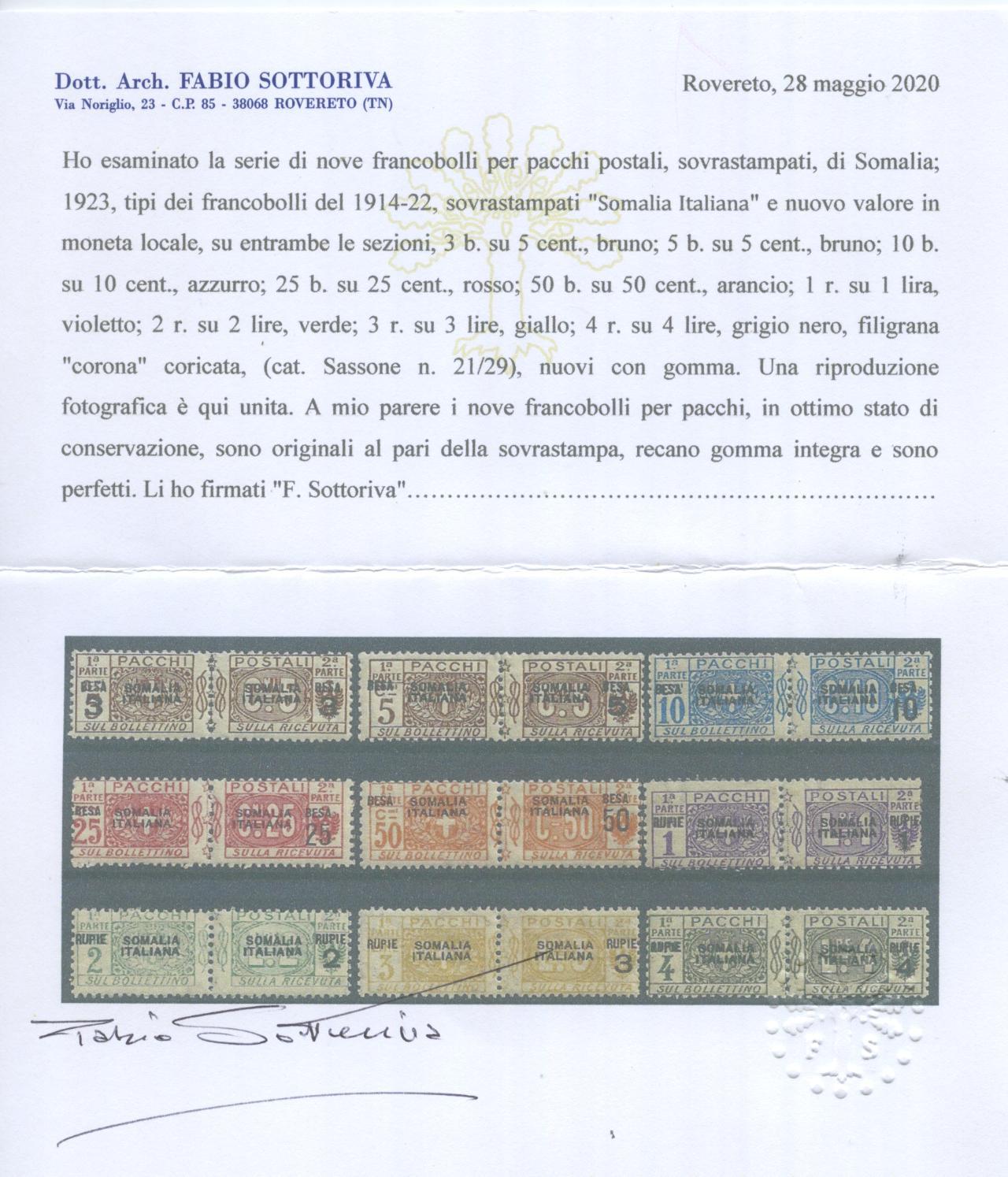 Scansione lotto: COLONIE SOMALIA 1923 PACCHI 9V. ** CENTRATO CERT.