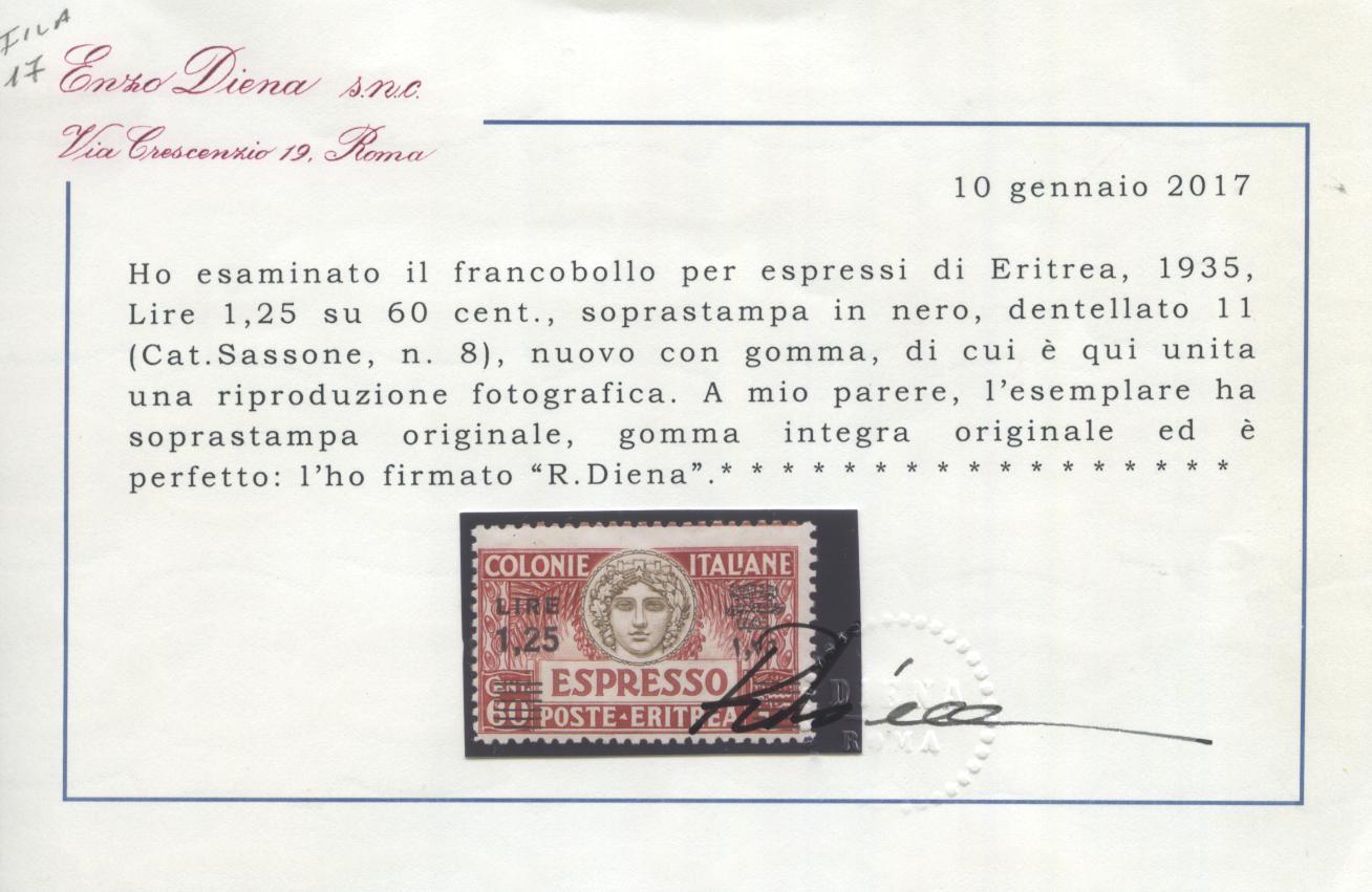 Scansione lotto: COLONIE ERITREA 1935 ESPRESSO N.8 2 **  CERT.