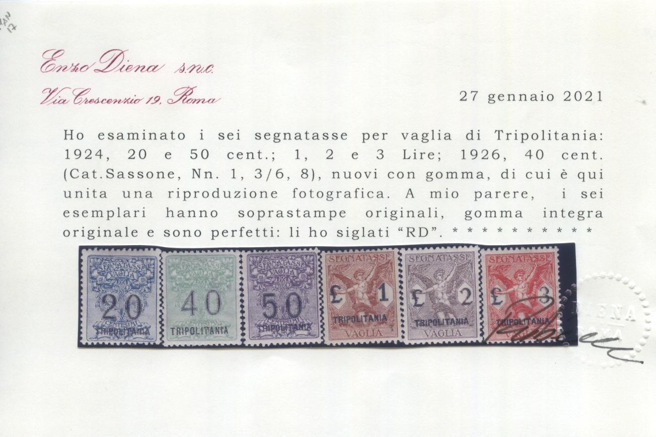 Scansione lotto: COLONIE TRIPOLITANIA 1924 VAGLIA 6V. MISTA LX **  CERT.