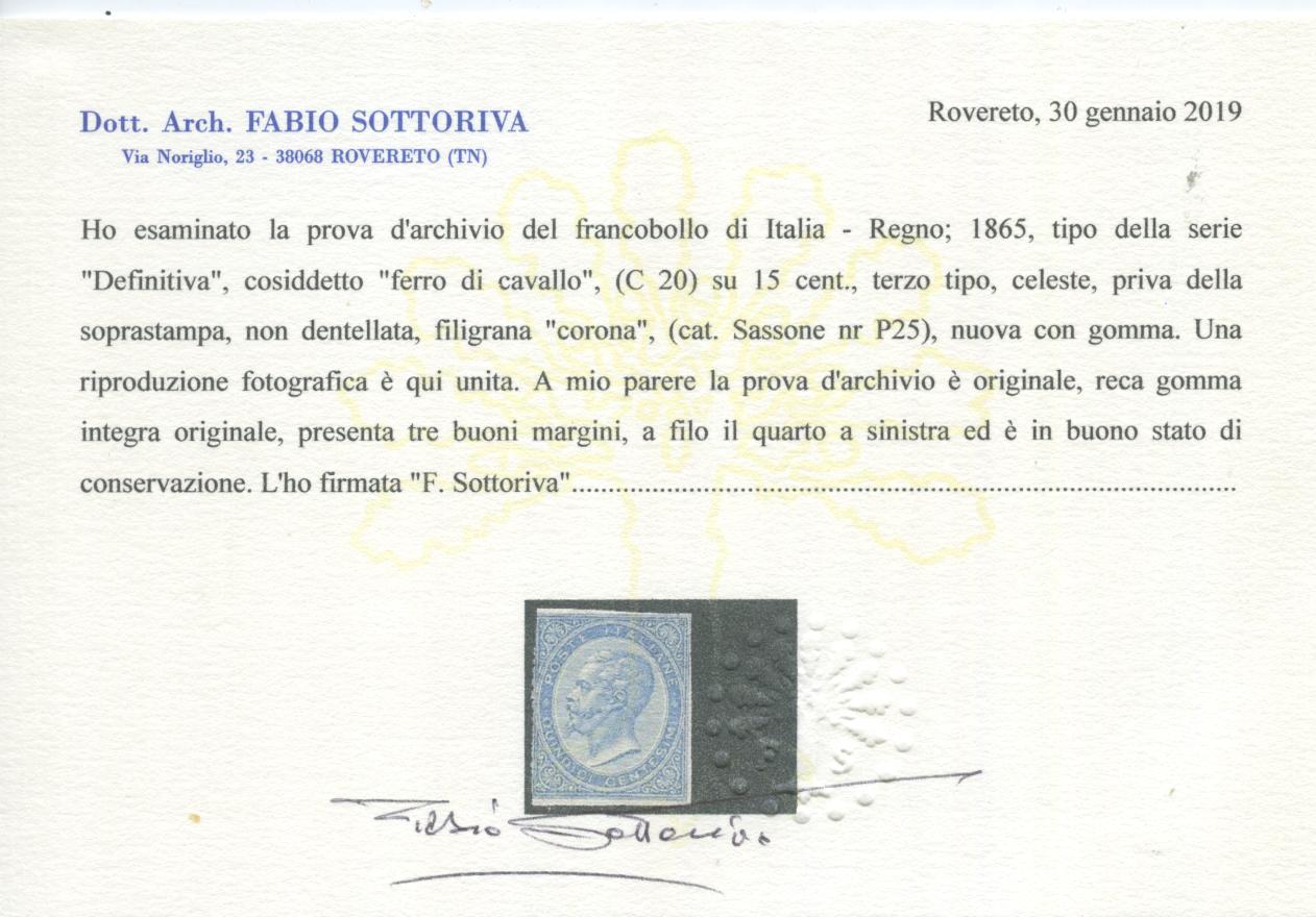 Scansione lotto: REGNO 1865 20C. SU 15C. III TIPO PROVA 3 **  CERT.