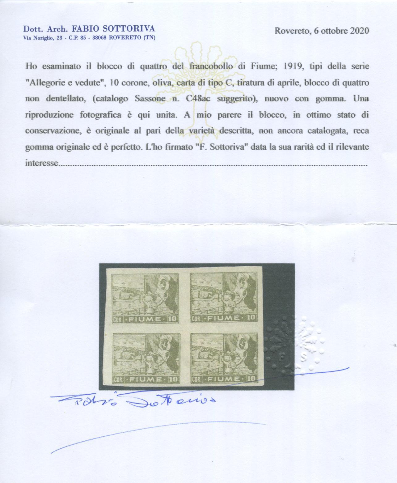 Scansione lotto: OCCUPAZIONI FIUME 1919 N.48 QUARTINA INEDITA *  CERT.