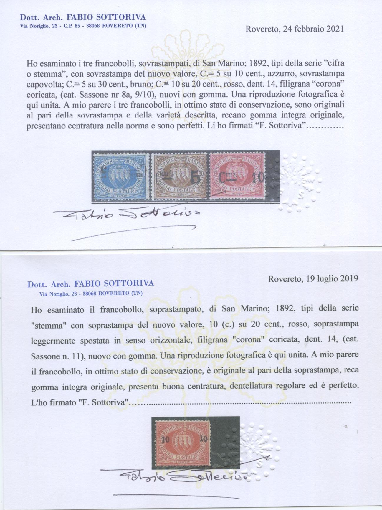 Scansione lotto: SAN MARINO 1892 SOVR. 4V. 2 **  CERT.