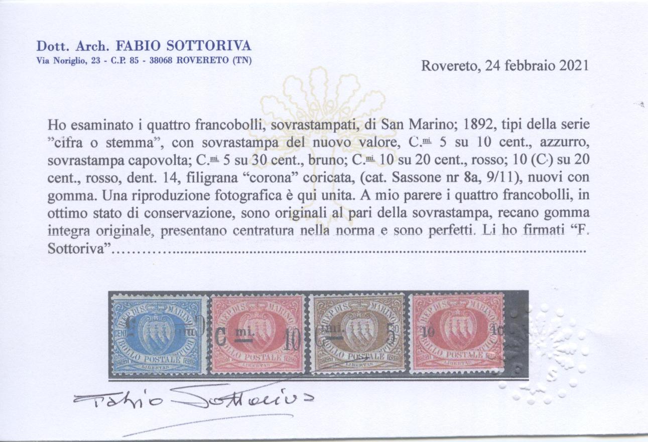 Scansione lotto: SAN MARINO 1892 SOVR. 4V. 4 **  CERT.