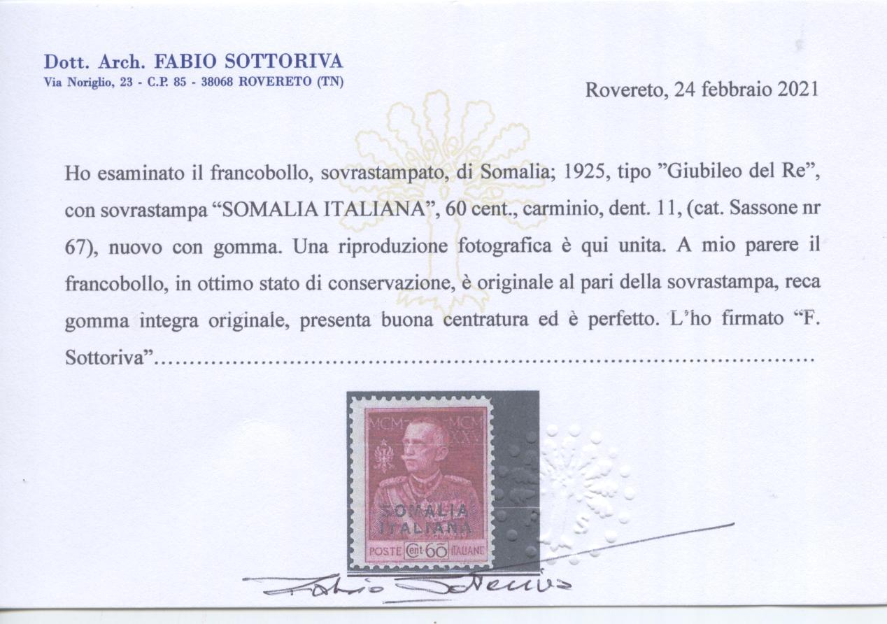 Scansione lotto: COLONIE SOMALIA 1925 GIUBILEO 60C.(dent.11) **  CERT.