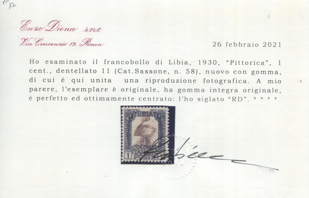 Scansione lotto: COLONIE LIBIA 1926/30 PITTORICA C.1 ** LUSSO CERT.