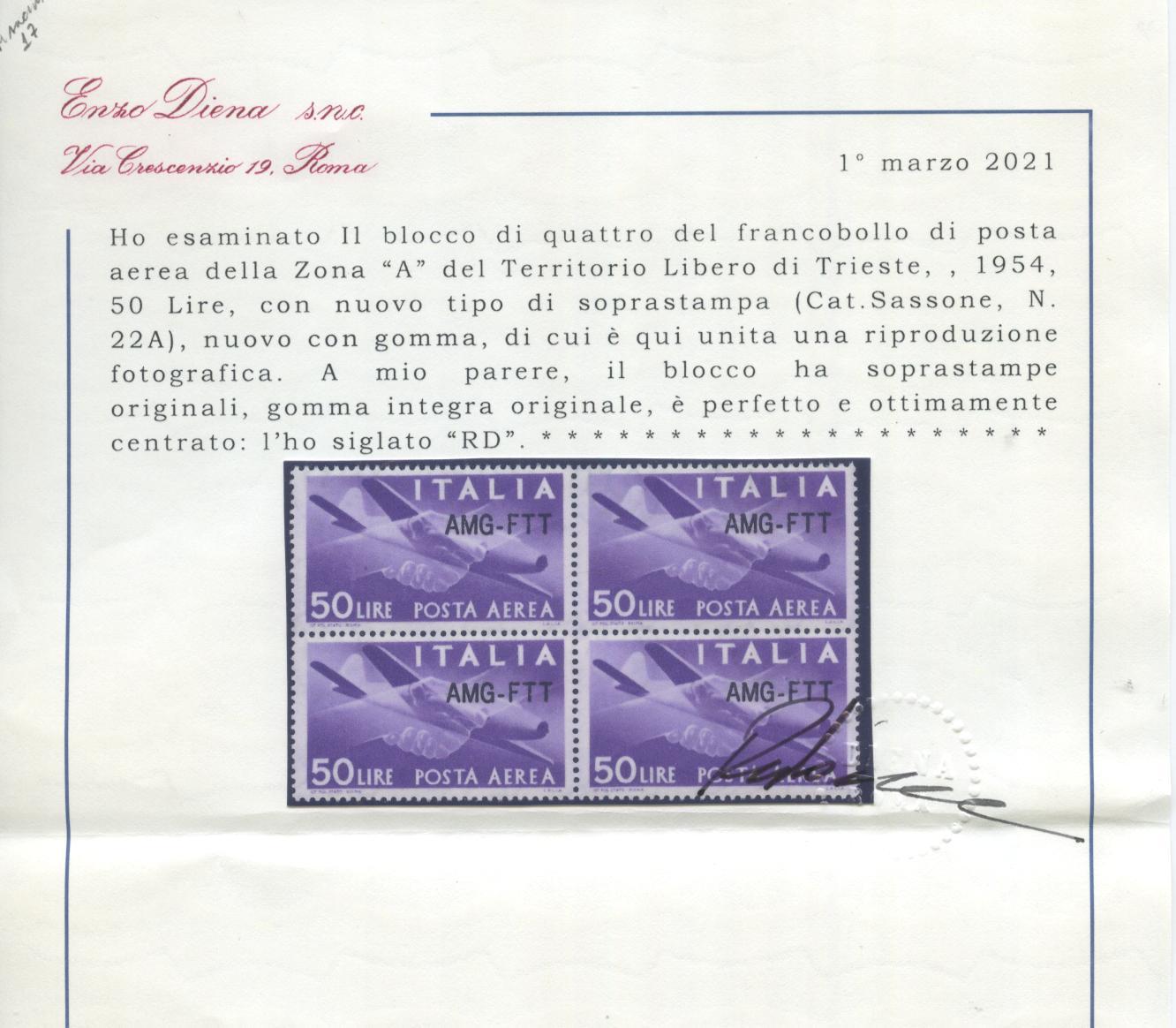 Scansione lotto: TRIESTE 1954 50L. N.22A QUARTINA ** LUSSO CERT.