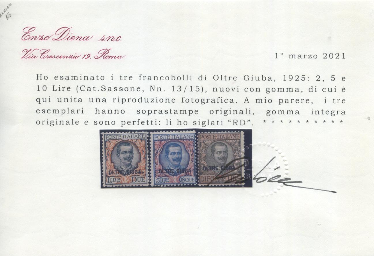 Scansione lotto: COLONIE OLTREGIUBA 1925 SOVR. 15V. **  CERT.