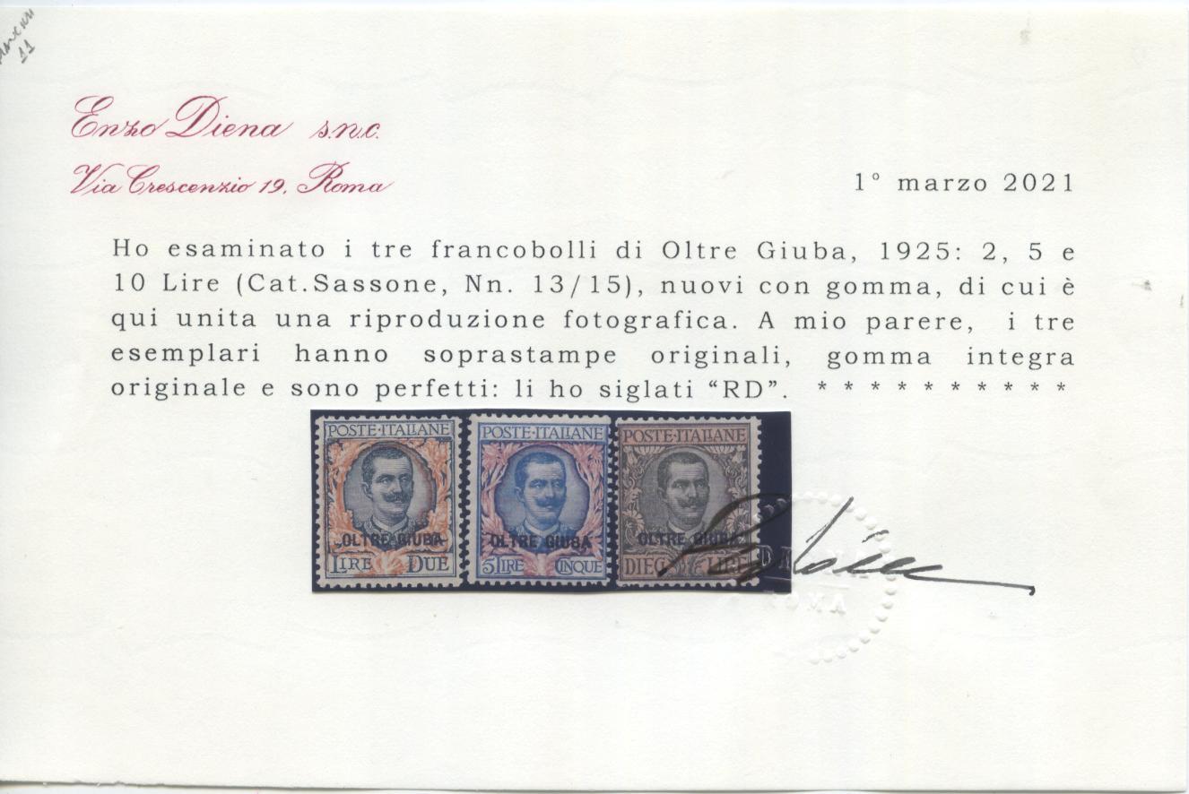 Scansione lotto: COLONIE OLTREGIUBA 1925 SOVR. 15V. 2 **  CERT.