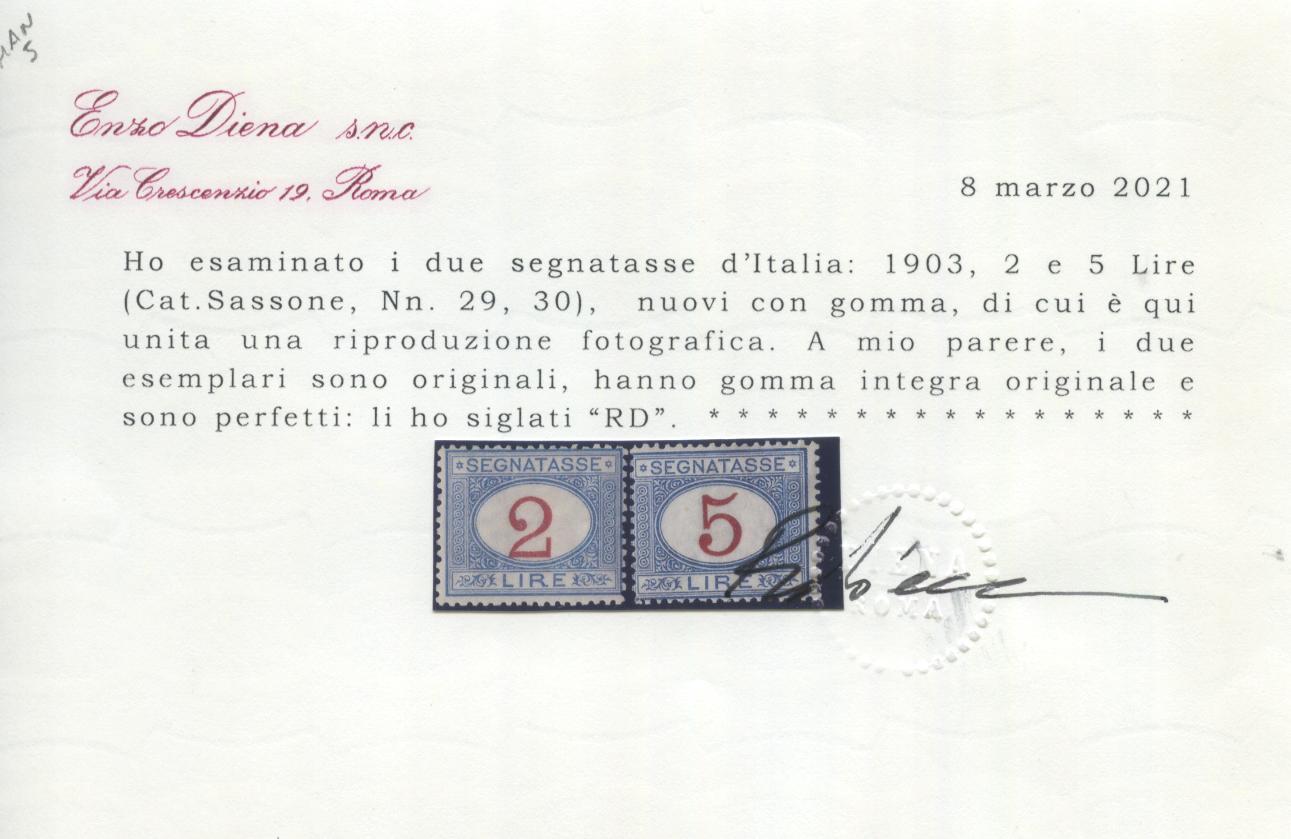 Scansione lotto: REGNO 1903 TASSE L.2 E L.5 2 ** CENTRATO CERT.