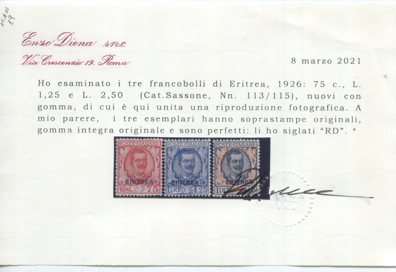 Scansione lotto: COLONIE ERITREA 1926 SOVR. 3V. ** LUSSO CERT.