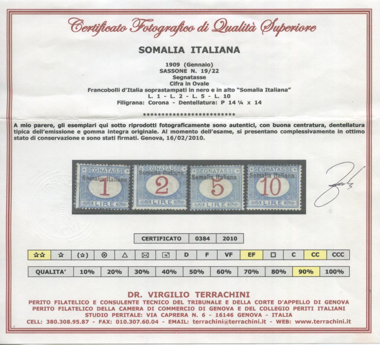 Scansione lotto: COLONIE SOMALIA 1909 TASSE 11V. 2 ** CENTRATO CERT.
