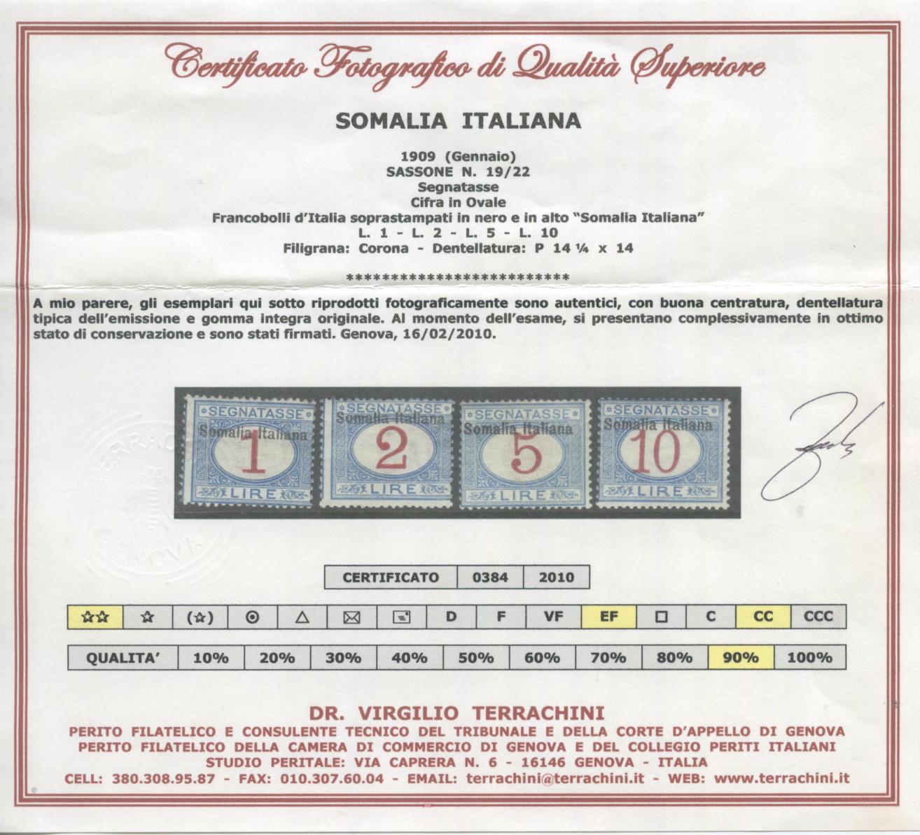 Scansione lotto: COLONIE SOMALIA 1909 TASSE 11V. 2 ** CENTRATO CERT.