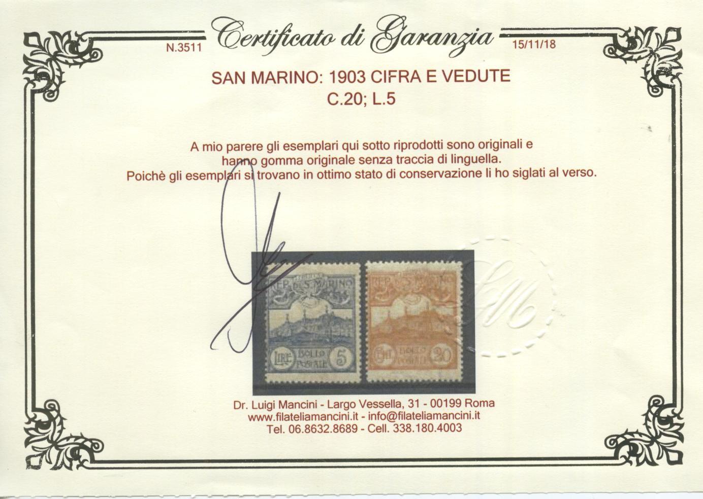 Scansione lotto: SAN MARINO 1903 CIFRA E VEDUTE 11V. 6 **  CERT.