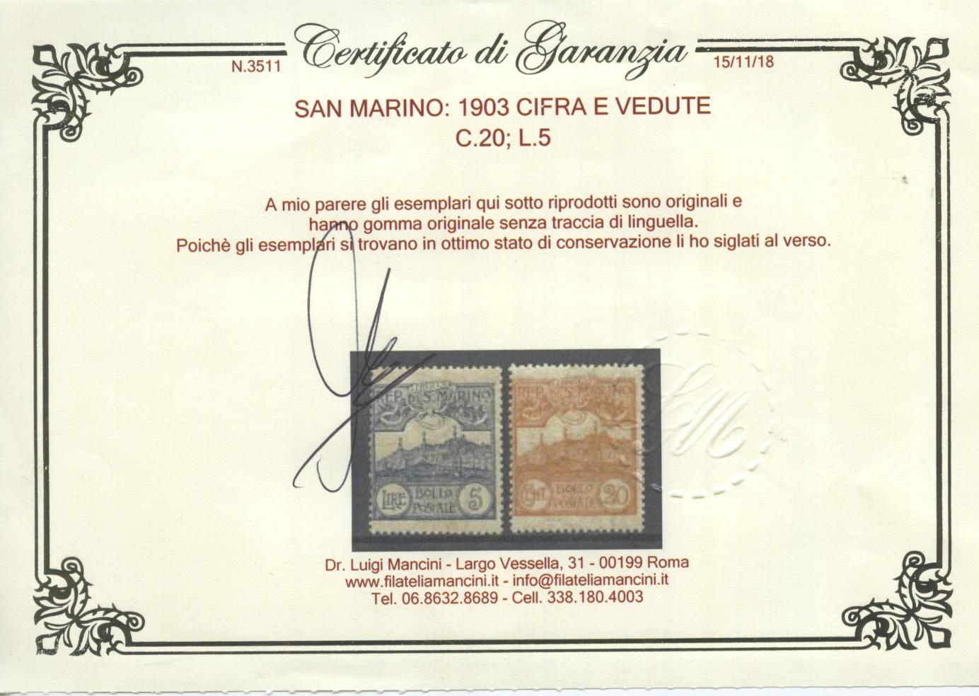 Scansione lotto: SAN MARINO 1903 CIFRA E VEDUTE 11V. 6 **  CERT.